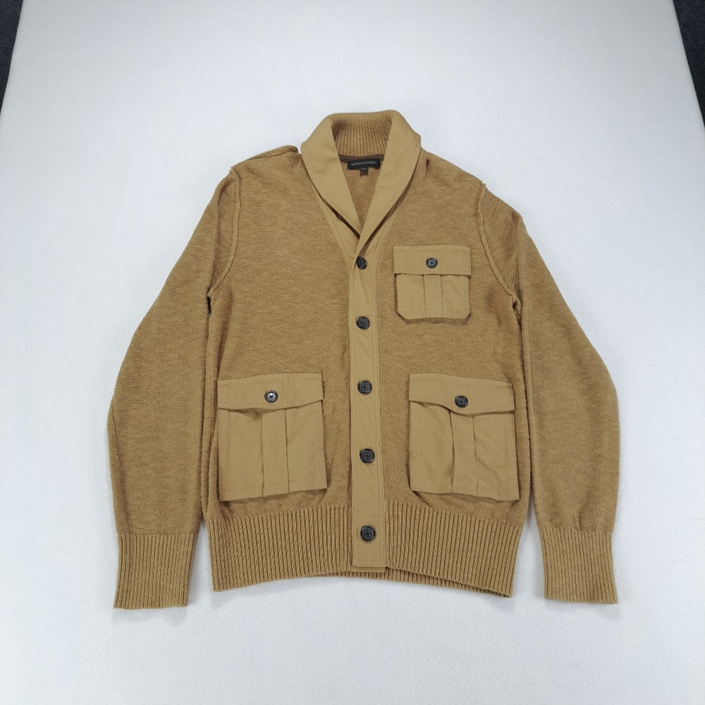 Banana Republic Cardigan Mens Medium Beige Military Safari Style Shawl Neck